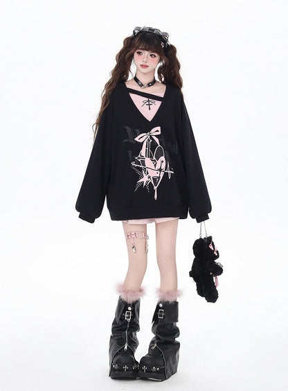 Sweatshirt V-Neck Heart and Bow Print Loose Two-pieces Bittersweet Black/Blue Faux