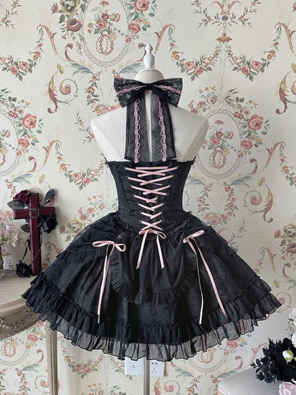 Cross Belle Black and Pink Halter Neck Corset Dress Balletcore Lolita JSK