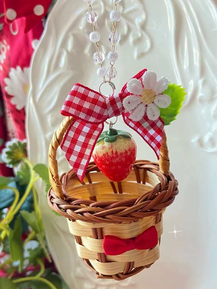 Pendant Details Floral Strawberry Decorated Necklace Red Bowknot Basket And Beaded