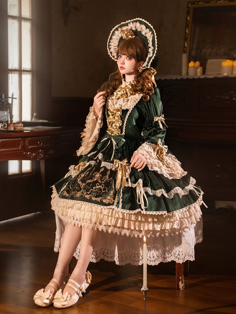 Candlestick and Embroidery Bell Dress Sleeves Green Candle Velvet