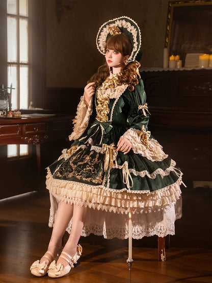 Candlestick and Embroidery Bell Dress Sleeves Green Candle Velvet
