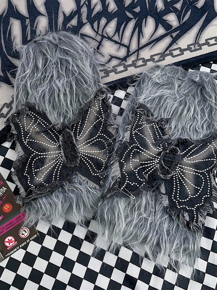 Grey Y2K Butterfly Applique 40CM Shaggy Leg Warmers