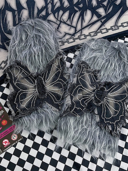Grey Y2K Butterfly Applique 40CM Shaggy Leg Warmers