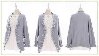 Jirai Kei Grey Bow Accents Landmine Style Soft Cardigan