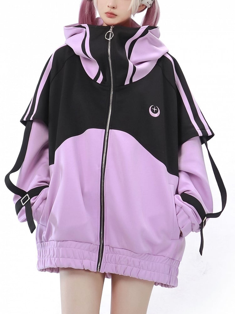 Purple Front Up and Long Sweatershirt Sleeves Jirai Zip Jacket Black Kei