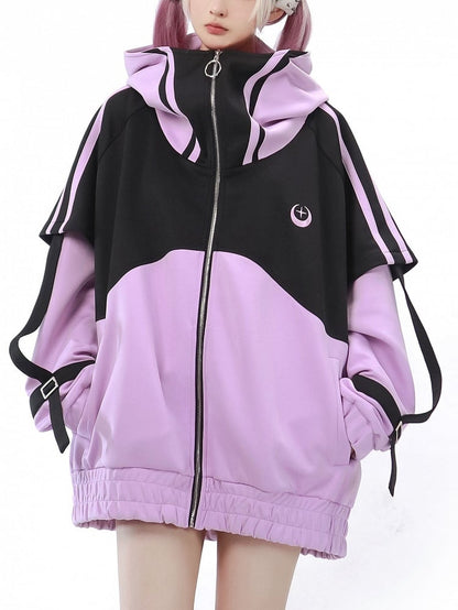 Purple Front Up and Long Sweatershirt Sleeves Jirai Zip Jacket Black Kei