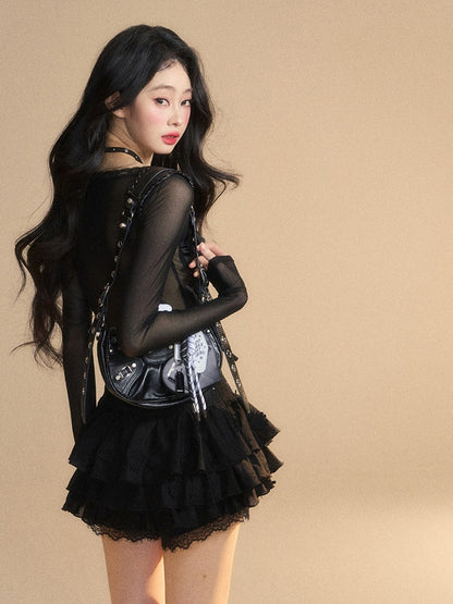 Rhinestone Embellished Glamorous Top Black V-neck Butterfly Embroidery