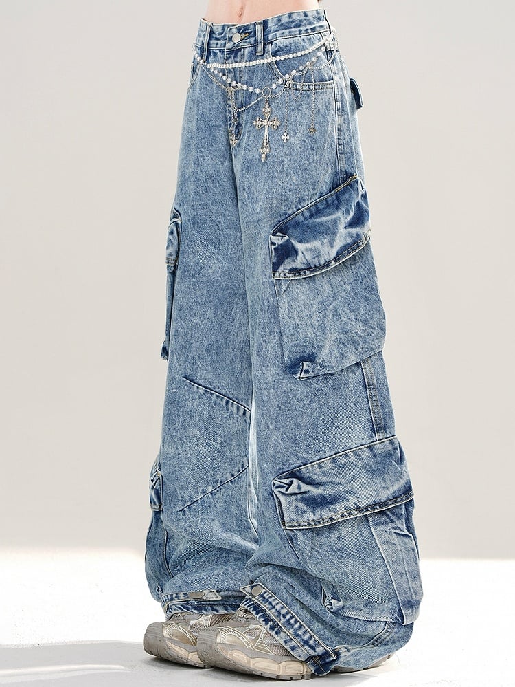 Blue Cargo Pockets Design Wide-leg Cut Jeans