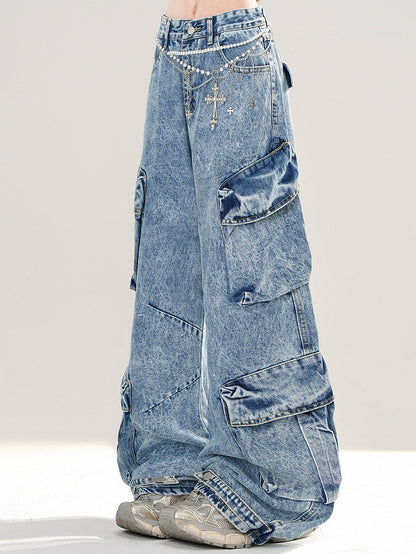 Wide-leg Pockets Cut Blue Cargo Design Jeans