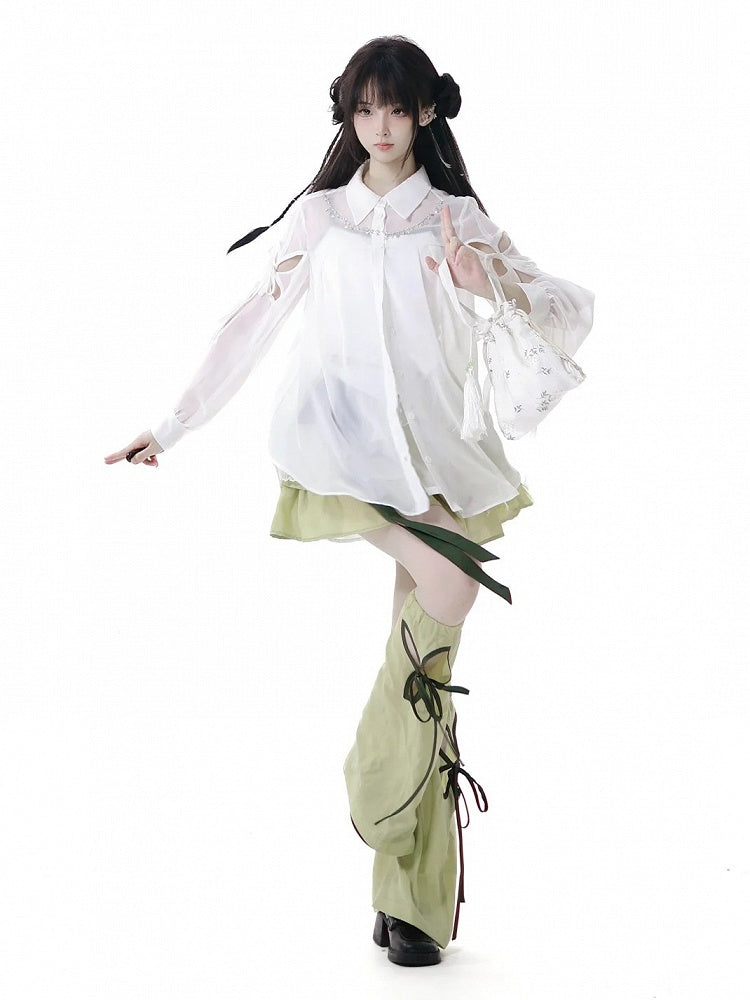 Green Cheongsam Tiered Skirt with Waist Belt Elastic Waist Style