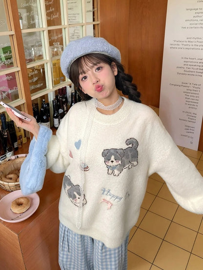 White Cute Puppies Pattern Round Neck Loose Sweater