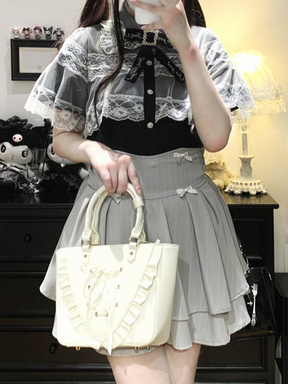 Jirai Kei Black/White/BlackWhite Lace Cape Design Short Sleeves Blouse
