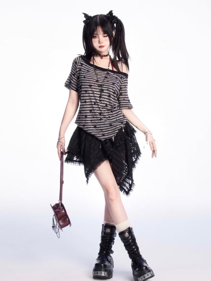 Black Handkerchief Hem Tiered Lace Skirt