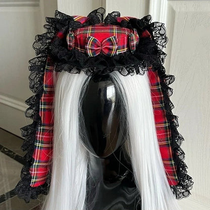 Plaid Lolita Rabbit Extra-Long Red Black Ear Headpiece