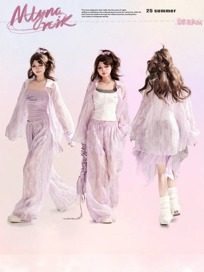 Light Waist Wide-leg Casual Loose Shirt / Pants Purple Drawstring