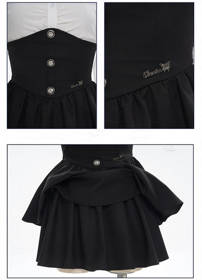 Suspender Skirt White High Waist Black Preppy Set- Full Overalls Shirt +