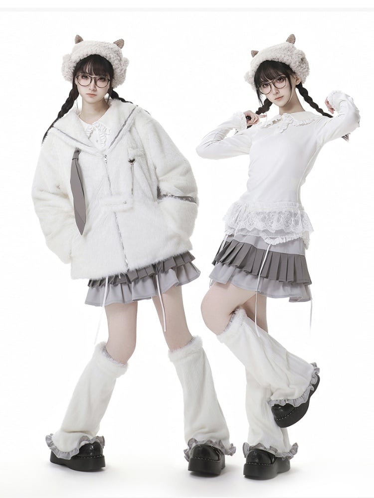 White Sailor Collar Buckle Strap Plush Coat