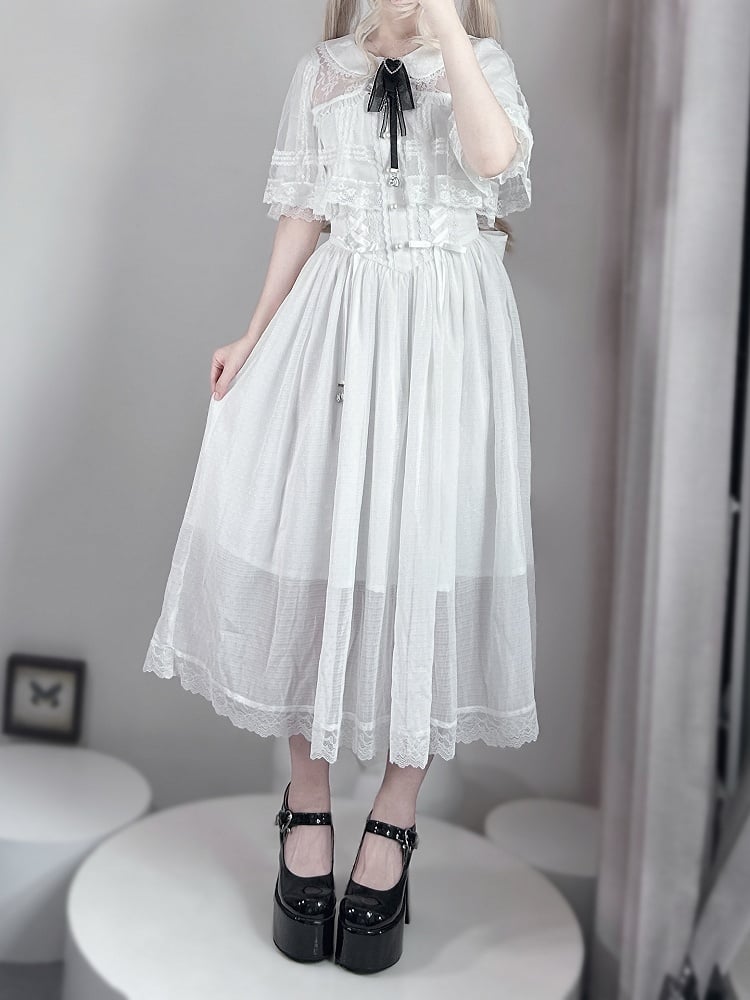 Kei Design Jirai Long and Lace-up Waist Fabric with Cape White Dress Chiffon