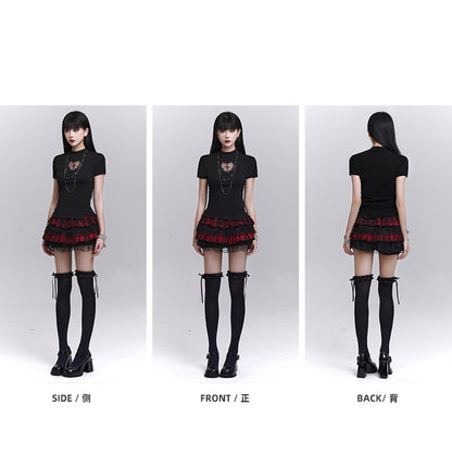 Print T-shirt Black Mock Neck Heart-shaped Cutout Cross