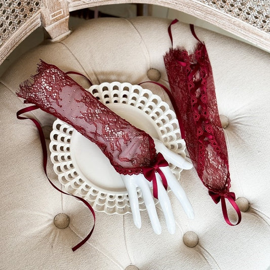 Wrist Bow Accents with Cuffs Lace Gothic Red/Pink