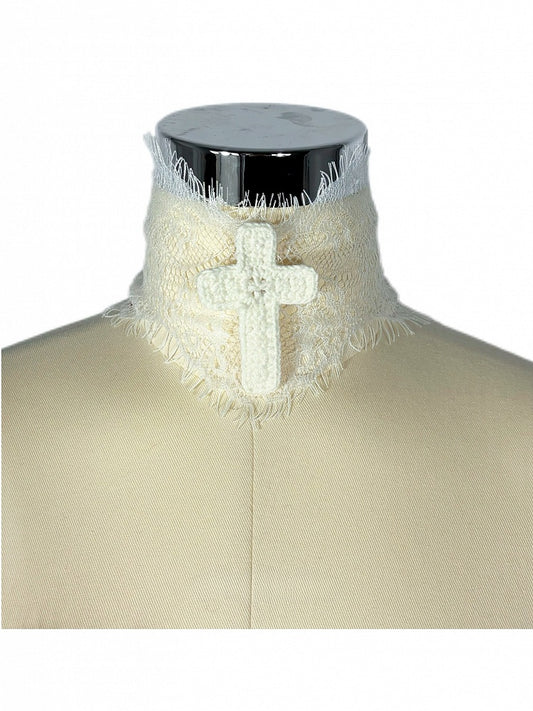 Gothic White Crochet Cross Choker