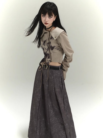 Wasteland Punk Khaki Asymmetrical Hem Cropped Jacket with Lace-up Detail at Front