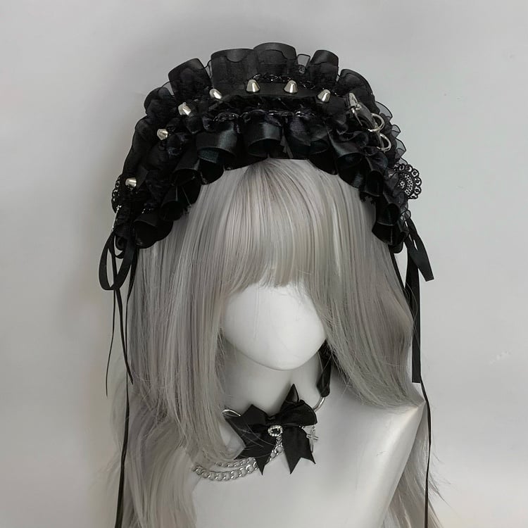 Jirai Kei Black/White Ruffled Lace Cross Studded Hairband