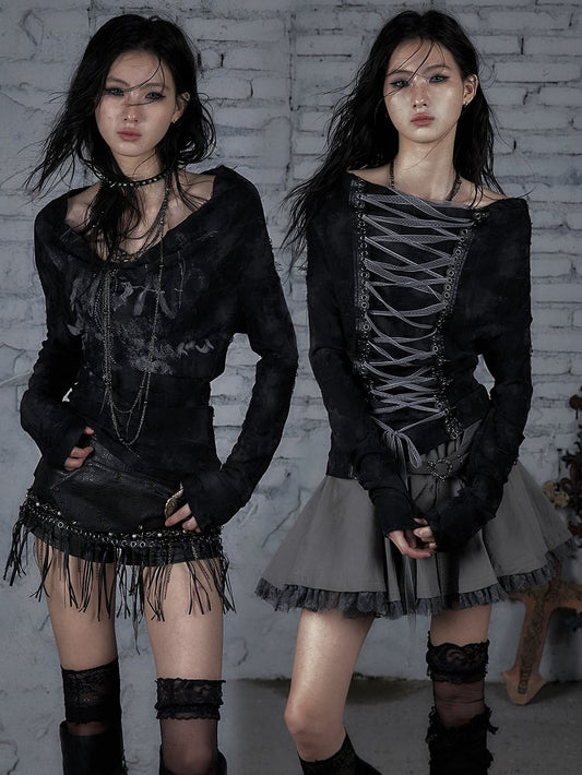 Lace-up Wasteland Black Top Off-the-shoulder Punk Design Neckline
