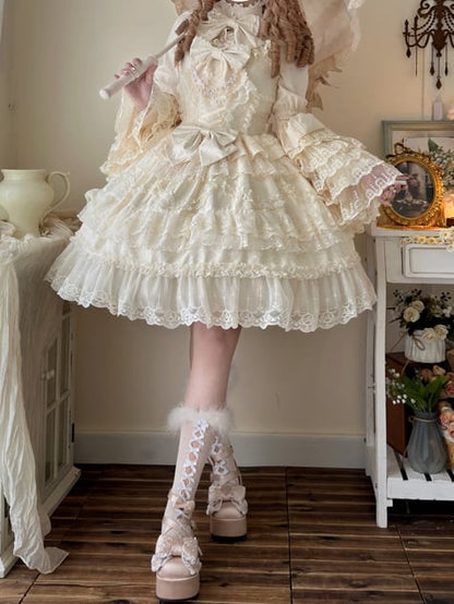 White Dress Hanayome Lolita Jumper Bows Skirt Decorated Lace Apricot Trims