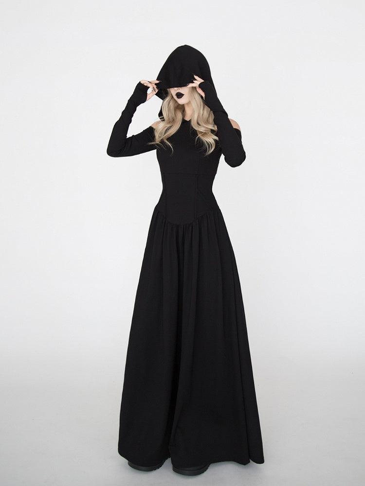 Gothic Black Cutout Shoulder Wasteland Punk Hooded Dress