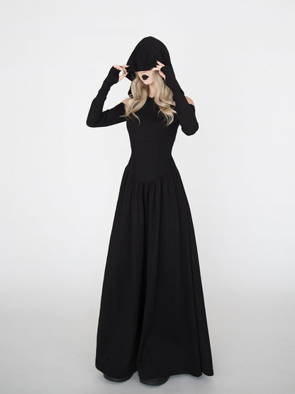 Gothic Black Cutout Shoulder Wasteland Punk Hooded Dress