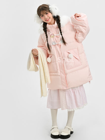 Pink Cute Bear and Kitty Plush Trim Hooded Down Coat