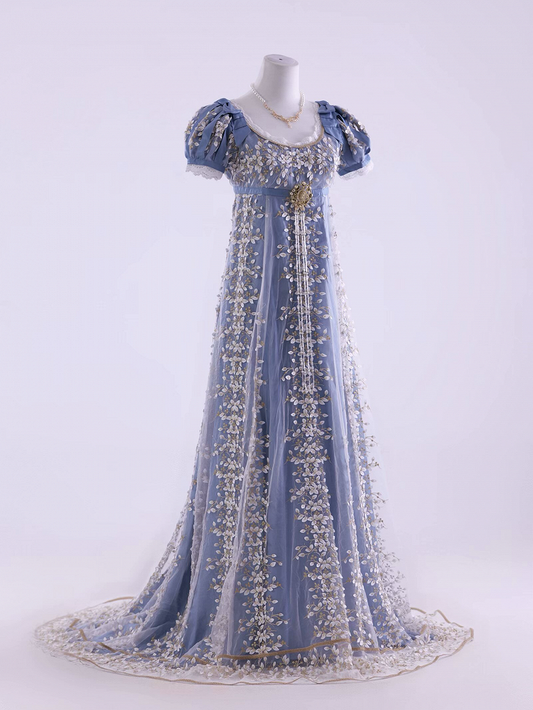 Blue Empire Waist Floral Elegant Lolita Maxi Dress Floor Length Version