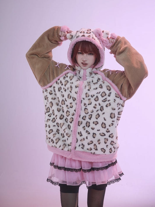 Veste à capuche en peluche avec oreilles de chat léopard marron et rose