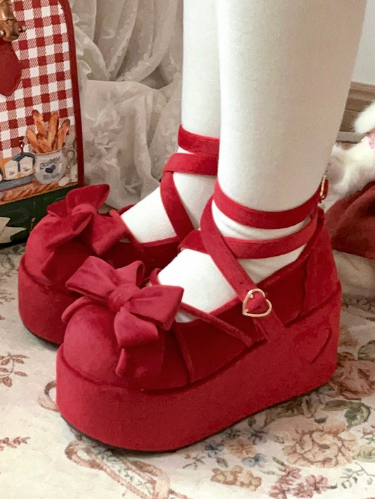 Bow - in Top Velvet Red Wine Platforms Sweet at Lolita