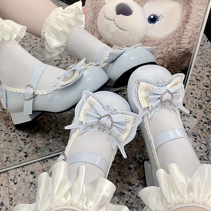 Sweet Lolita Light Blue Bowknot Heart Buckle Strap Block Heel Mary Janes