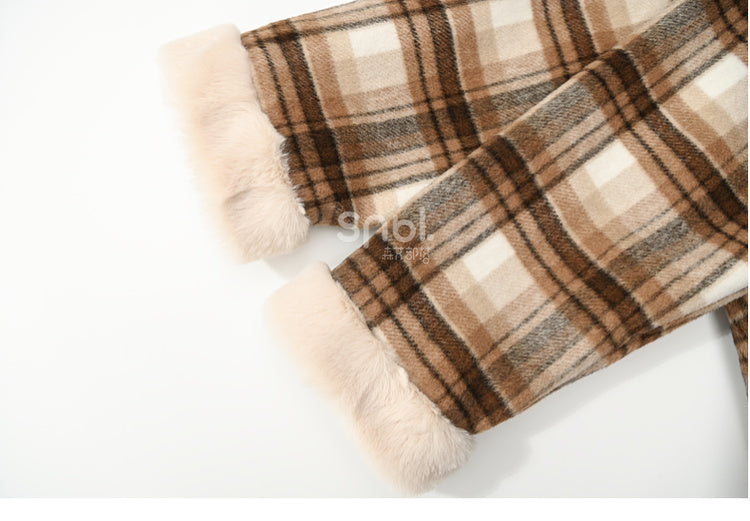 Brown Cute Little Bears Applique Plaid Hooded Woolen Coat Long Version