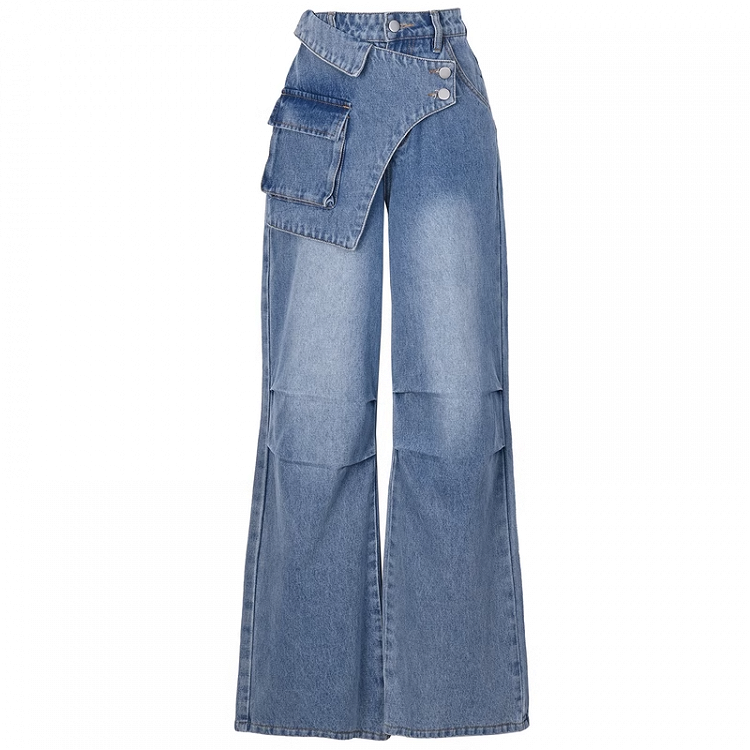 Wide-Leg Jeans Waistline Design Blue Asymmetrical