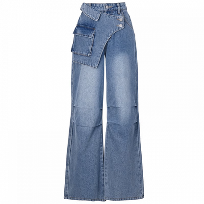 Wide-Leg Jeans Waistline Design Blue Asymmetrical
