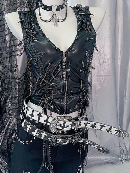 Strass verziertes Perlen- und Punk-Kreuz in Weiß/Schwarz