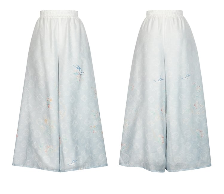 Print Leg Chiffon Gradient Blue Wide Floral Pants