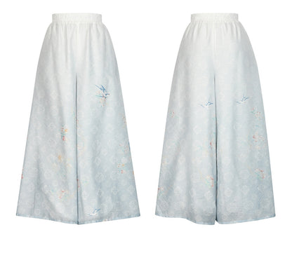 Gradient Pants Chiffon Floral Print Leg Wide Blue