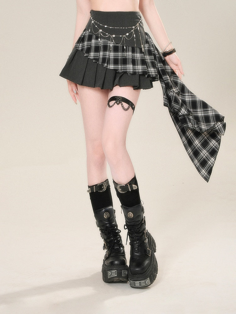 Asymmetrical Hem Glamorous Dark Gray Plaid Patchwork Design Pleated Skirt