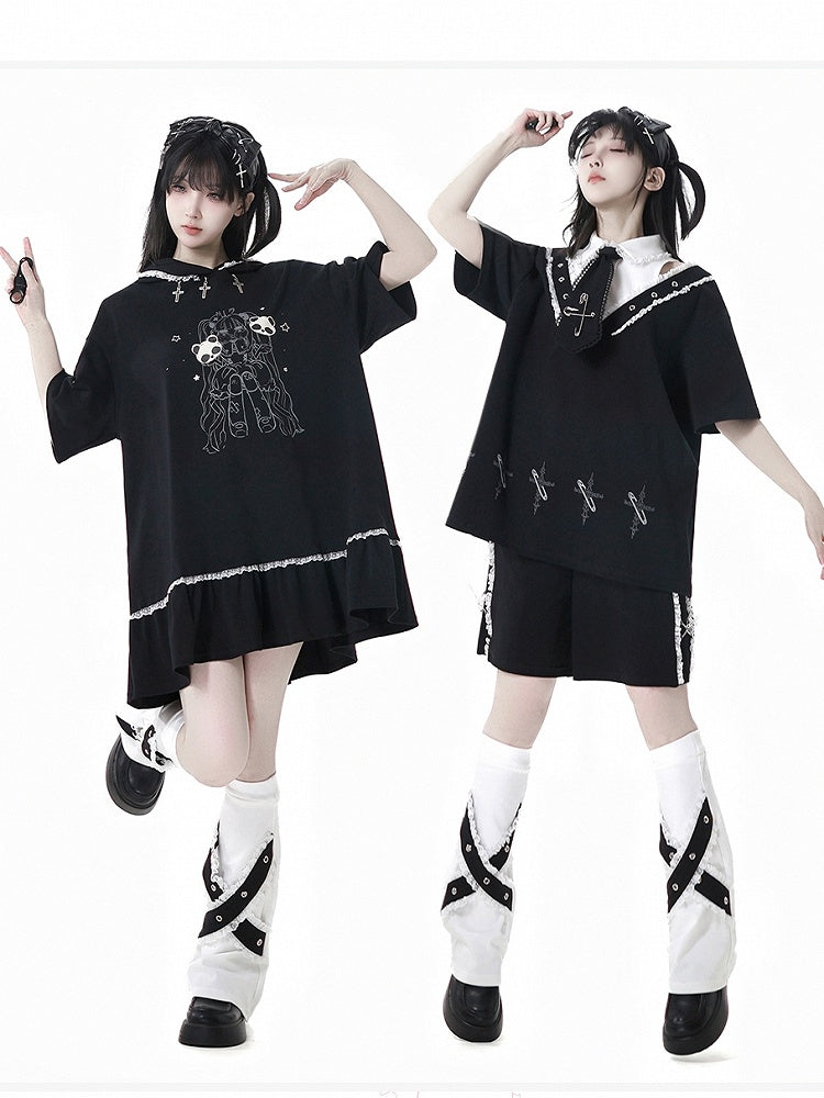 Collar Pin Cross Print T-Shirt Tie Free with Black Shirt