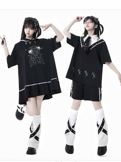 Collar Pin Cross Print T-Shirt Tie Free with Black Shirt
