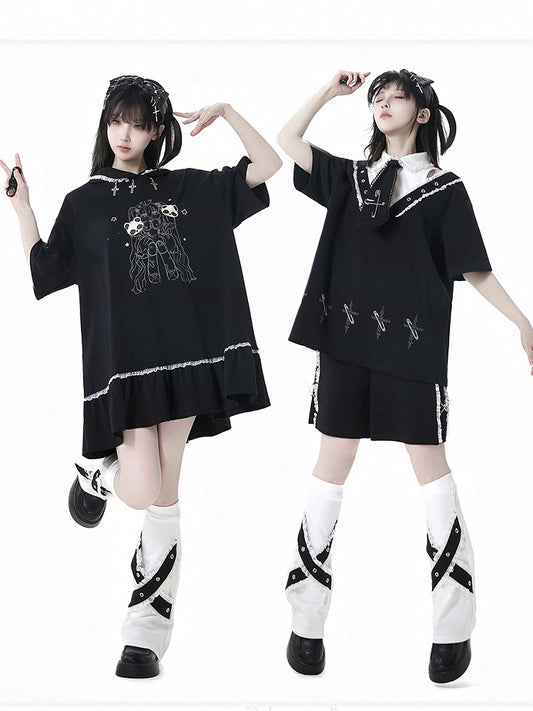 Collar Pin Cross Print T-Shirt Tie Free with Black Shirt