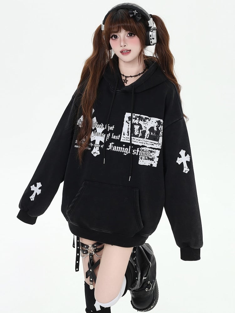 Black/Wine Red Crosses Print Graphic Hoodie