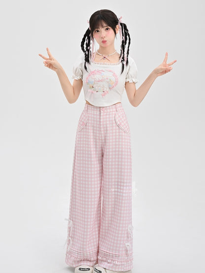 Pink Plaid High Waist Lace Bowknots Wide-Leg Pants Version Regular/Short