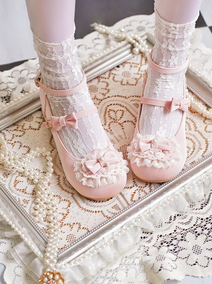 Toe Trim Heart Top Lace Bow Pink at Baby Buckles Lolita Round