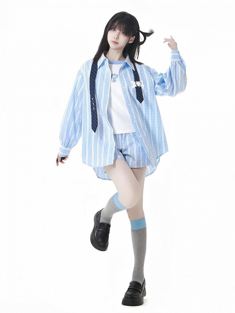 Blue  White Elastic Waist Plaid Shorts